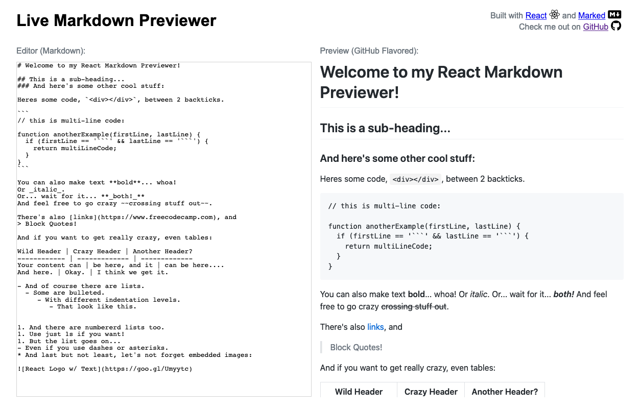 A screenshot of the web app: Live Markdown Previewer.